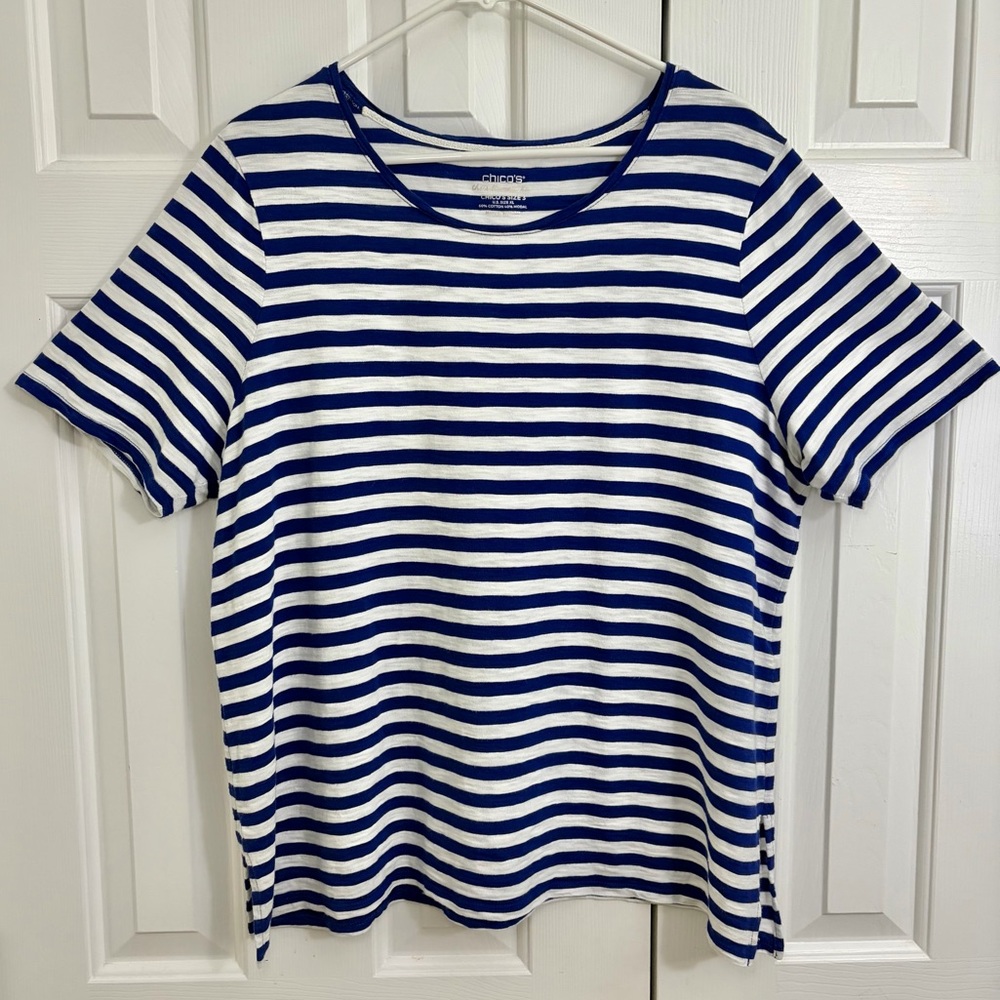 Chico's Blue & White Striped Crewneck Cotton Blend Nautical Top Size XXL